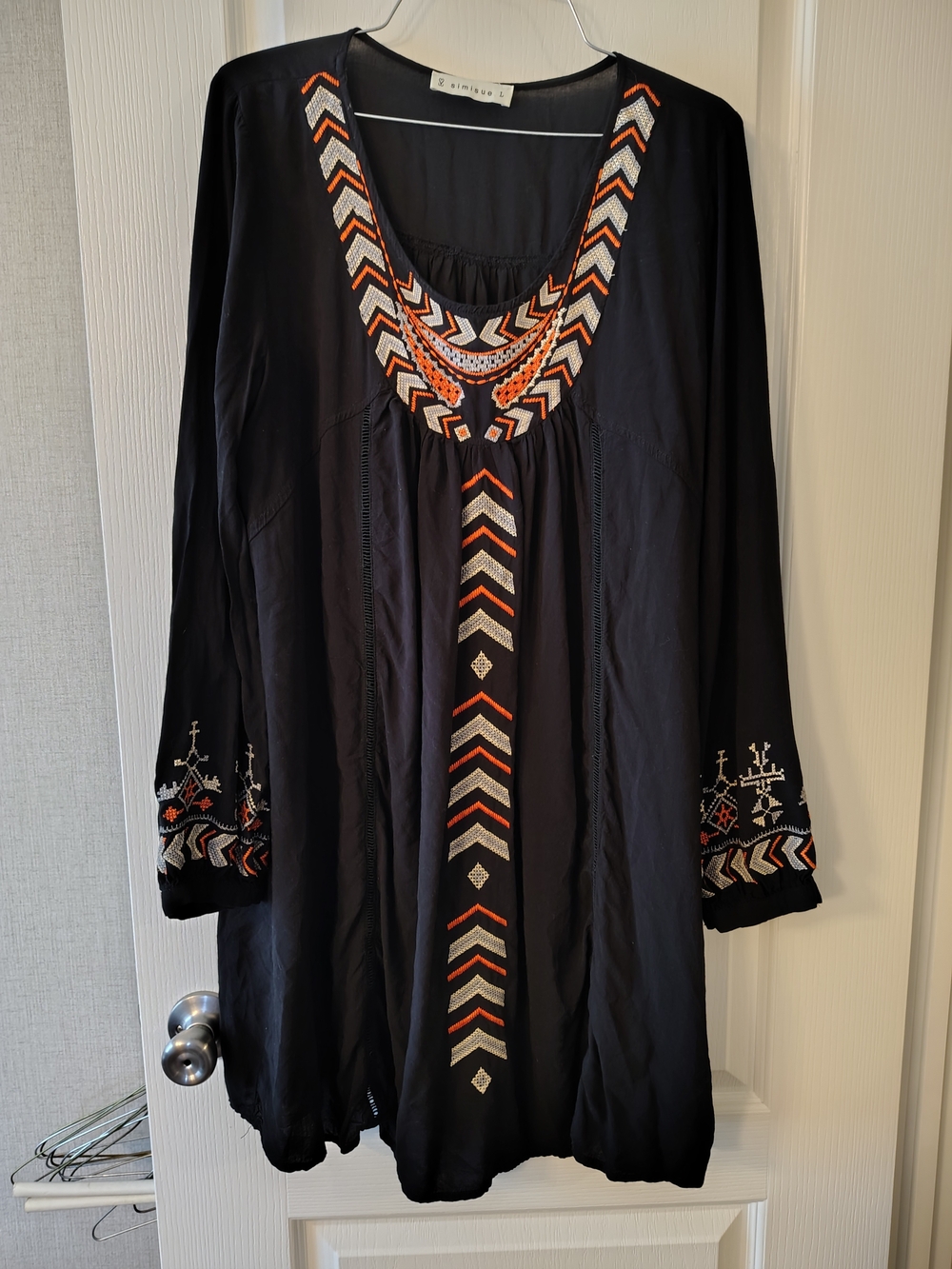 Embroidered Black Peasant Tunic with Orange & Cream Accents